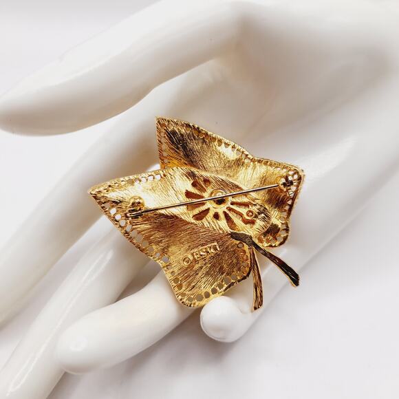 Vintage B.S.K. Gold Plated Leaf Brooch, Textured Double Leaf Design, 2 Inches - Picture 3 of 7